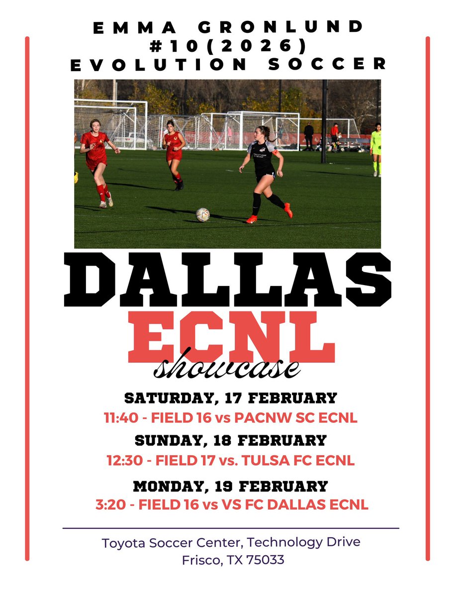 5 days until #ECNLDallas! Can’t wait! Coaches, we would love to see you on the sidelines! @Evolution_SC14 @ECNLgirls @TheECNL @ImYouthSoccer @ImCollegeSoccer @USYNT @TopDrawerSoccer @PrepSoccer @JREskilson @mattsmithsoccer @TeddyBahu @grtorres @TheSoccerWire