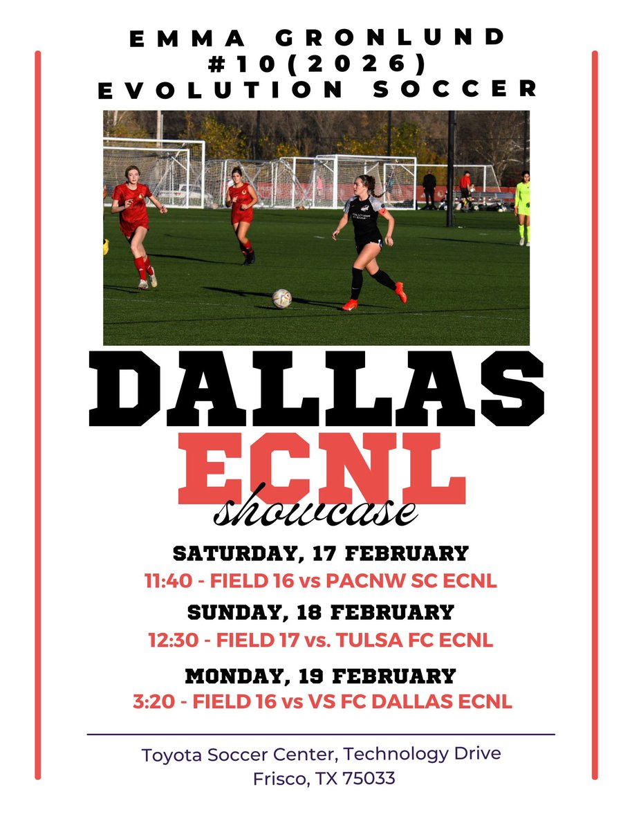Emma Gronlund ⚽️ (@gronlundem26sc) on Twitter photo 5 days until #ECNLDallas! Can’t wait! Coaches, we would love to see you on the sidelines!
<a href="/Evolution_SC14/">Evolution Soccer Club</a> <a href="/ECNLgirls/">ECNL Girls</a> <a href="/TheECNL/">The ECNL</a> <a href="/ImYouthSoccer/">ECNL/GA/Recruiting/College Soccer</a> <a href="/ImCollegeSoccer/">College Soccer Truth ™</a> <a href="/USYNT/">U.S. Soccer YNT</a> <a href="/TopDrawerSoccer/">TopDrawerSoccer</a> <a href="/PrepSoccer/">Prep Soccer ⚽️</a> <a href="/JREskilson/">J.R. Eskilson</a> <a href="/mattsmithsoccer/">Matt Smith</a> <a href="/TeddyBahu/">Teddy Bahu</a> <a href="/grtorres/">Guilherme Torres</a> <a href="/TheSoccerWire/">SoccerWire</a> 5 days until #ECNLDallas! Can’t wait! Coaches, we would love to see you on the sidelines!
<a href="/Evolution_SC14/">Evolution Soccer Club</a> <a href="/ECNLgirls/">ECNL Girls</a> <a href="/TheECNL/">The ECNL</a> <a href="/ImYouthSoccer/">ECNL/GA/Recruiting/College Soccer</a> <a href="/ImCollegeSoccer/">College Soccer Truth ™</a> <a href="/USYNT/">U.S. Soccer YNT</a> <a href="/TopDrawerSoccer/">TopDrawerSoccer</a> <a href="/PrepSoccer/">Prep Soccer ⚽️</a> <a href="/JREskilson/">J.R. Eskilson</a> <a href="/mattsmithsoccer/">Matt Smith</a> <a href="/TeddyBahu/">Teddy Bahu</a> <a href="/grtorres/">Guilherme Torres</a> <a href="/TheSoccerWire/">SoccerWire</a>