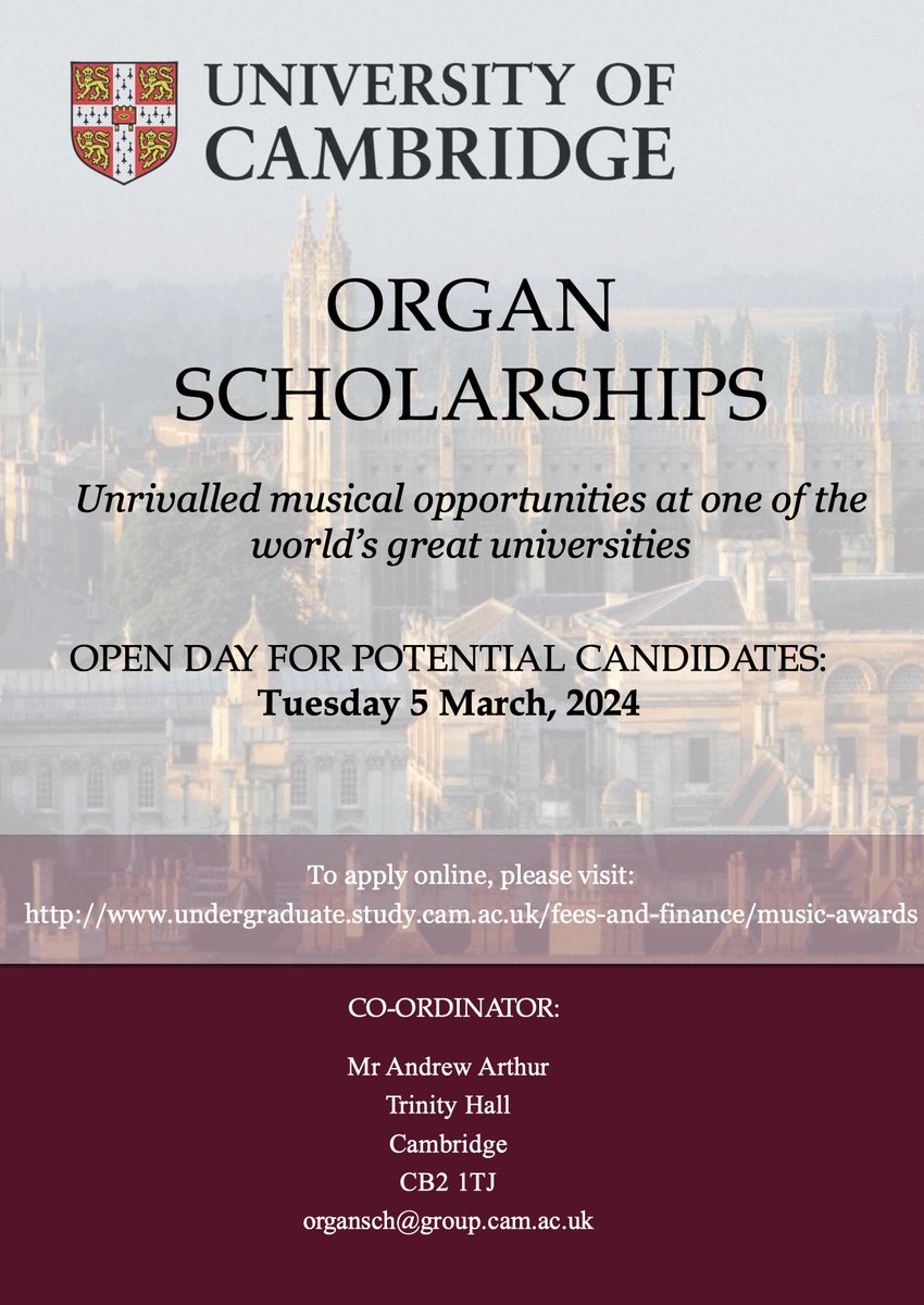 Applications are now open for our Organ Scholarship Open Day: Tuesday, 5 March 2024. Click here to apply: cambridge.eu.qualtrics.com/jfe/form/SV_a8… 
DEADLINE Tuesday 27 February.