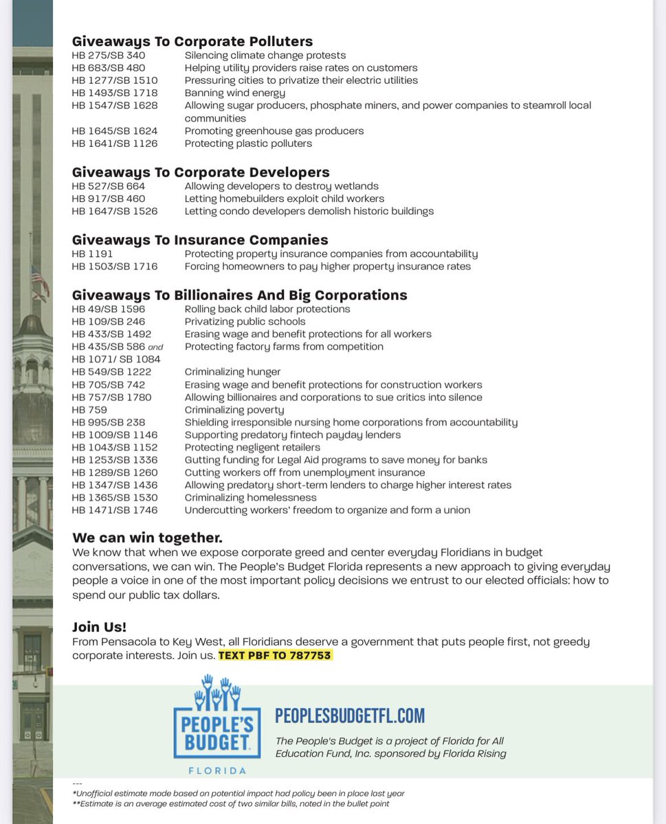 Just released: The Peoples Budget, a project of @floridaforall mid-session “Cost of Corporate Giveaways” report. Reveals proposed legislation this session harming workers & costing Floridians more than $10 billion in tax dollars over the next five years 👇🏽 peoplesbudgetfl.com/peoples-budget…