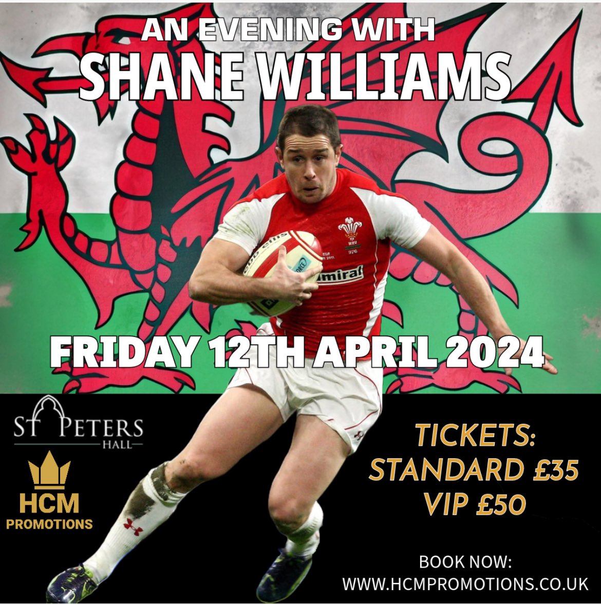 Come and join me on the 12th April at St Peter’s hall in Cardiff for an Evening with Shane Williams. Hear stories from my career and life in what promises to be a fantastic night of entertainment. For tickets go to hcmpromotions.co.uk