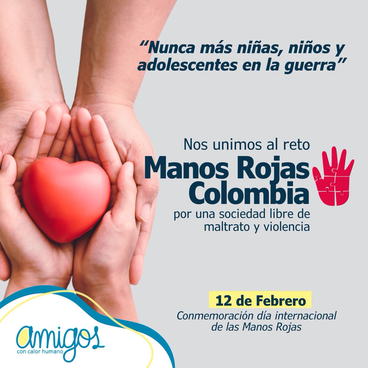 AsoAmigos's tweet photo. Nos unimos al reto "Manos Rojas Colombia", por una sociedad libre de maltrato y violencia!

12 de febrero Conmemoración día internacional de las Manos Rojas.

#AmigosParaTodos #DíadelasManosRojas https://t.co/2a8CyWNSl9
