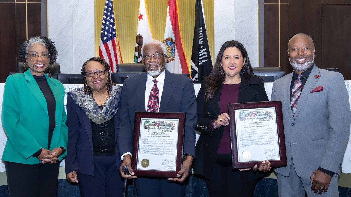 SDSU's tweet photo. On Feb. 7, Chairwoman Nora Vargas and Supervisor Monica Montgomery Steppe of the County Board of Supervisors presented a proclamation to recognize SDSU’s Black Resource Center’s continued work in honor of Black History Month. https://t.co/pJVuh7272a