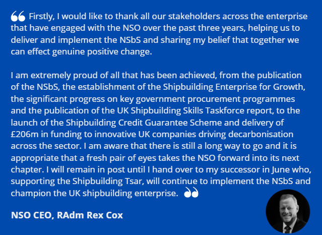 📢 RAdm Rex Cox has announced he'll be stepping down in June after 3 years as @NSO_UK CEO ✅ Rex has led the NSO from inception, growing the team and engaging with other gov depts and stakeholders from across the enterprise to implement the NSbS refresh and champion the sector