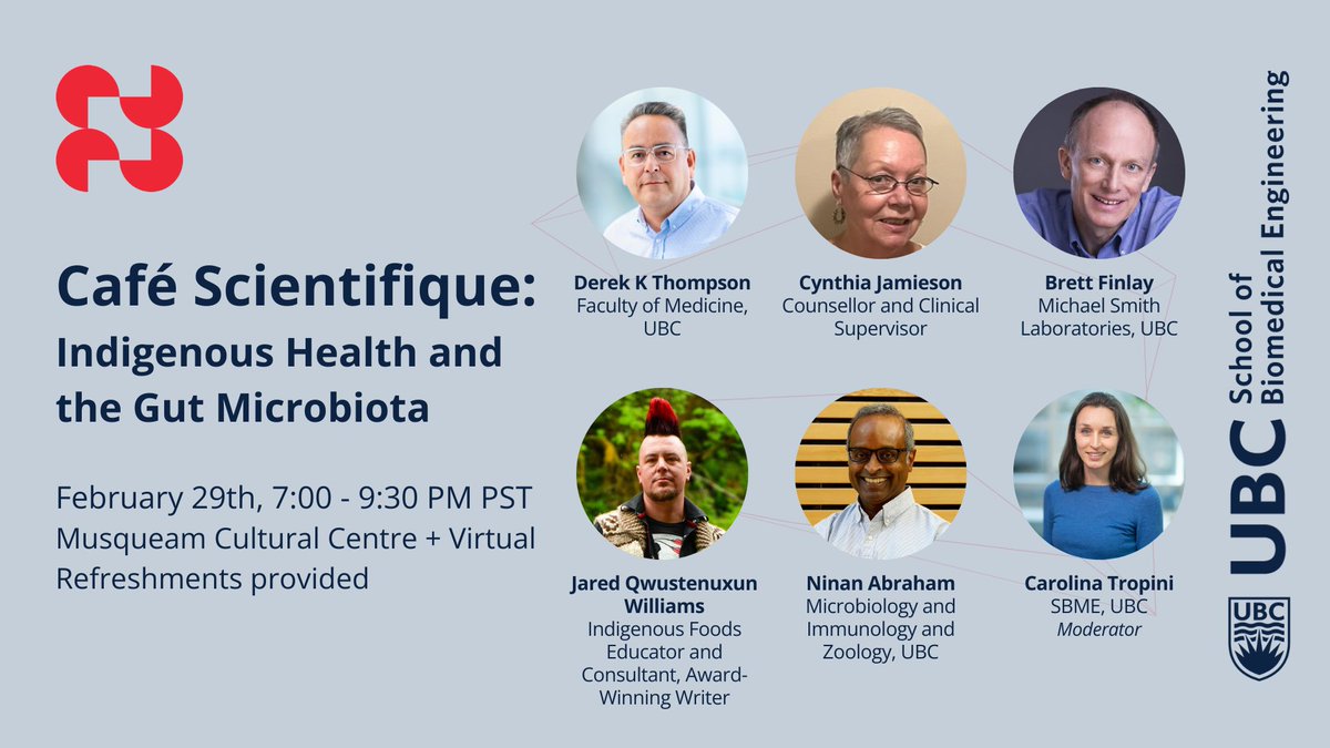 Delve into the critical topic of the gut microbiota and its impact on Indigenous health. Join us for a free special event hosted by Indigenous leaders and researchers from the University of British Columbia at Café Scientifique. eventbrite.com/e/cafe-scienti…