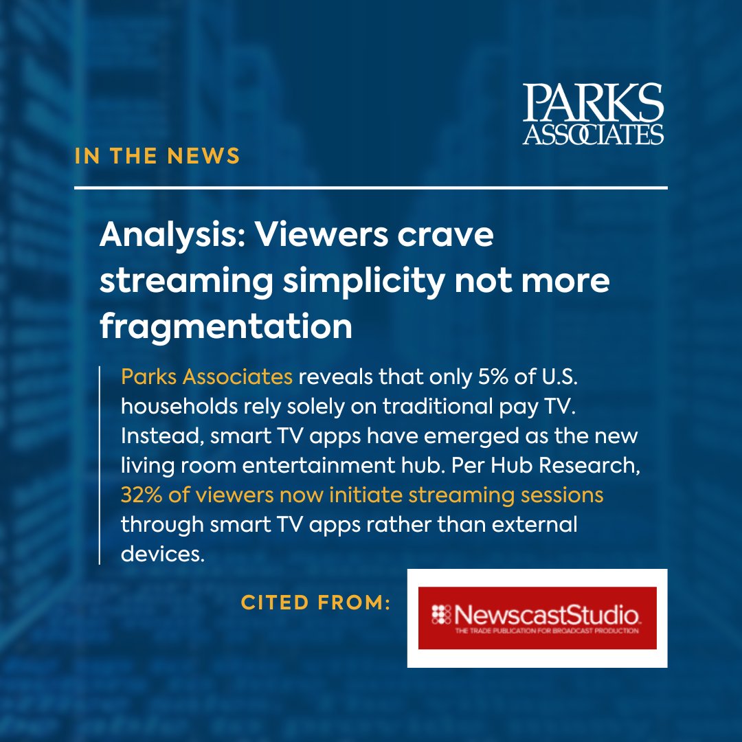 📢 We were cited in a @NewscastStudio article about viewers seeking streaming simplicity amidst growing fragmentation by @dakdillon!📺🔍 🔗Read more: tinyurl.com/tf596vw4 #parksdata #ParksAssociates #ParksAssociatesInsights #Streaming #Entertainment #Research