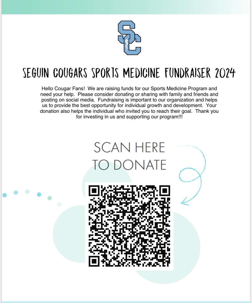 Please support our 2024 Seguin Sports Medicine Fundraiser! Scan the QR code below to donate now.