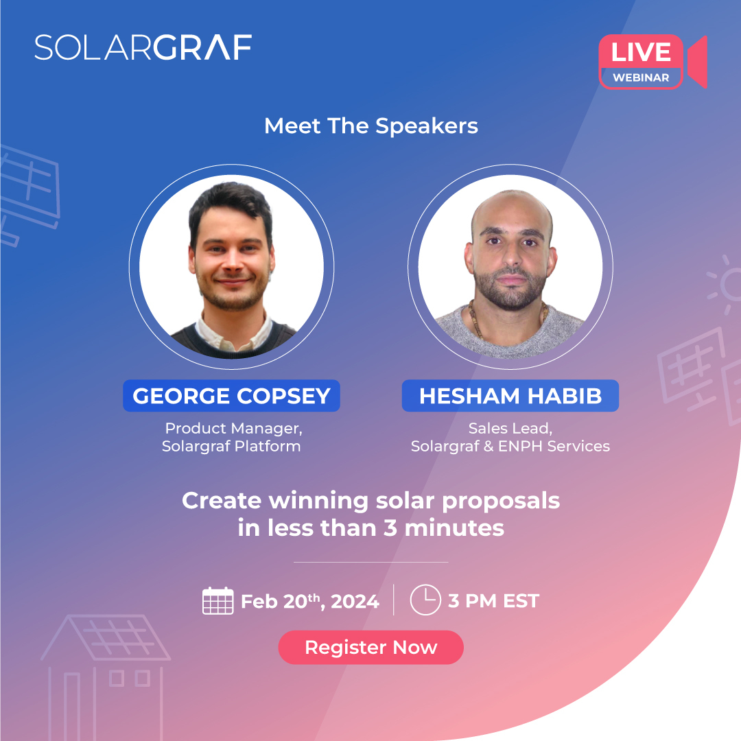 Solargraf_App's tweet image. Join George Copsey, Product Manager, and Hesham Habib, Sales Lead at Solargraf, for an insightful session on how Solargraf can help you create winning solar proposals in less than 3 minutes. bit.ly/3OCHcGq

#SolarProfessionals #SolarProposals #PowerUpWithSolargraf