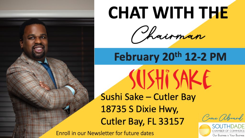 southdadecc's tweet photo. Chat with the Chairman next Tuesday February 20th! dont miss this chance to express your concerns and needs to the chairman.⚡️🖊📒 #chatwithachairman #southdadechamberofcommerce https://t.co/jVIWVCKqTf