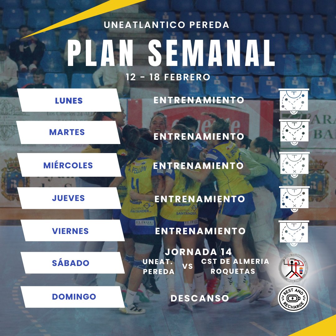 📆 PLAN SEMANAL 12-18 FEB

🏟 Nuevo partido de #DHOroFem en casa

🔥 El equipo entrenará los 5 días entre semana

⚔️ Sábado partido 🆚️ <a href="/BMCostaAlmeria/">BM Costa de Almería</a>