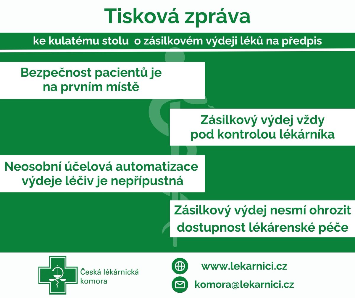 Dnes proběhl na <a href="/ZdravkoOnline/">Ministerstvo zdravotnictví</a> kulatý stůl o zásilkovém výdeji léků na předpis. <a href="/lekarnicicz/">Česká lékárnická komora</a>  prezentovali úskalí nepromyšleného řešení této problematiky. Reflektujeme pokrok, ale odmítáme rezignaci na bezpečí pacienta a zachování lékárenské péče v ČR. TZ: 1url.cz/duvO5
