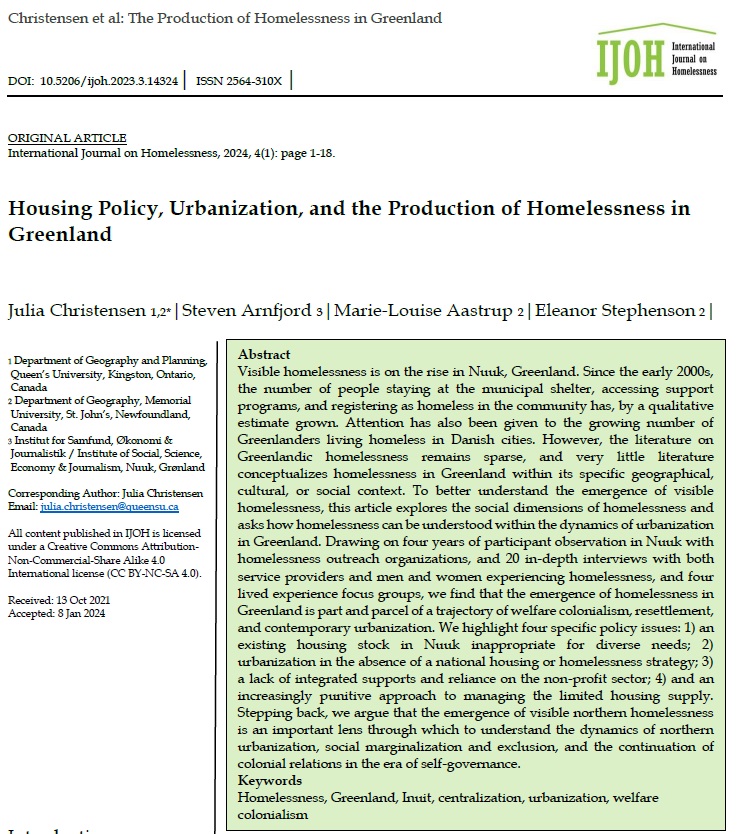 NEW ARTICLE! Available now as open access, online first at: ojs.lib.uwo.ca/index.php/ijoh… Looking into the rise of homelessness in Greenland, Christensen and colleauges focus on policy is the problem through interviews with local experts: