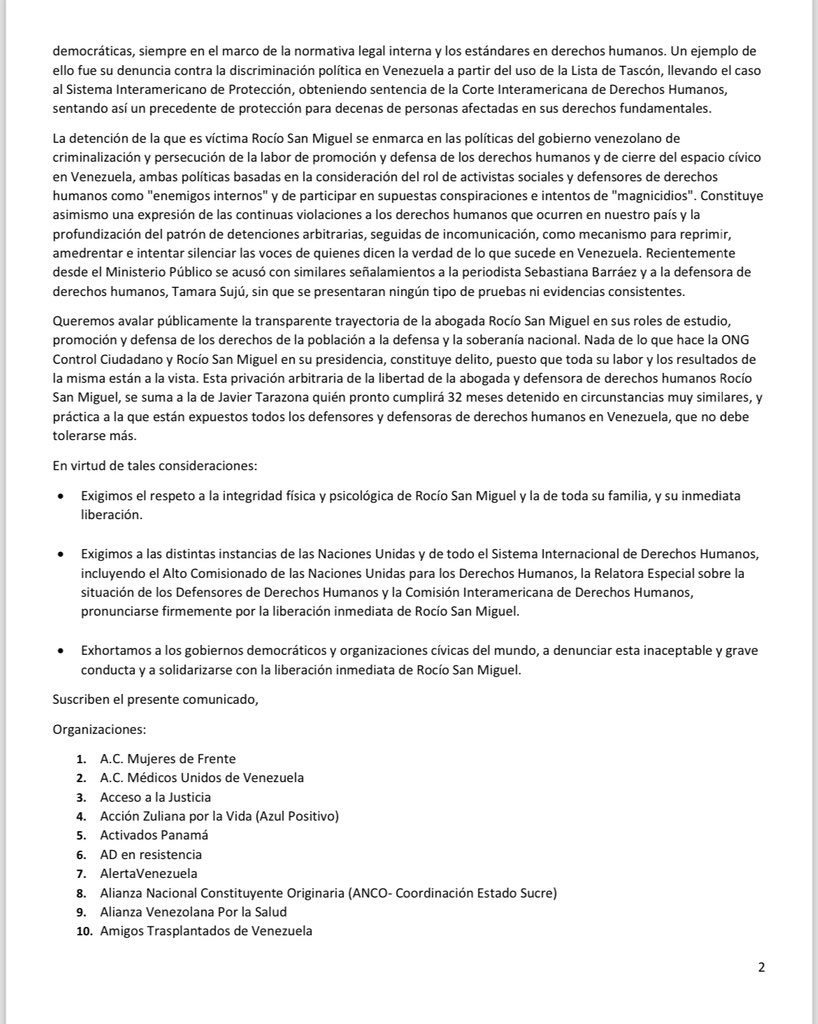 Rechazamos la detención arbitraria y desaparición forzada de la defensora de DDHH <a href="/rociosanmiguel/">Rocío San Miguel</a> y, junto a las organizaciones de la sociedad civil y demás firmantes de este pronunciamiento, exigimos su inmediata liberación. #DóndeEstáRocío