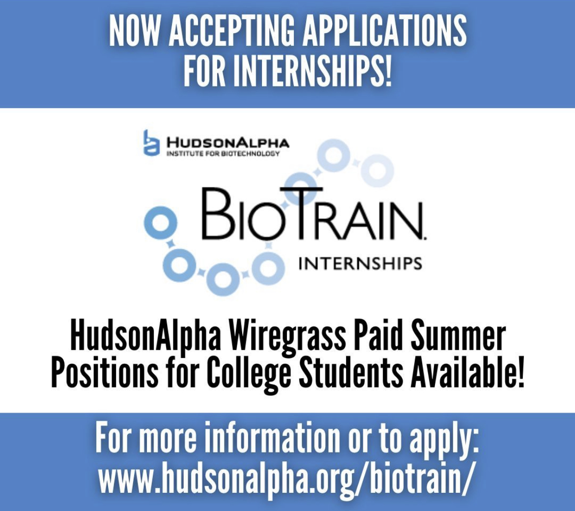 Apply for our Biotrain internship program! Students from around Dothan and the Wiregrass area can spend a summer interning at HudsonAlpha Wiregrass, either in a lab or with professionals in agriculture🪴🚜 Apply by this Thursday: hudsonalpha.org/biotrain/