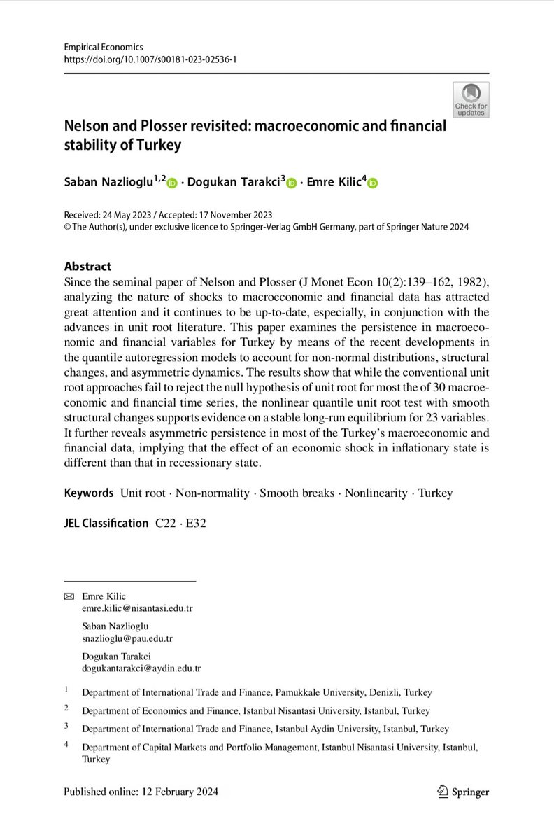 Danışmanım Prof. Dr. Şaban Nazlıoğlu rehberliğinde çalışmamızın Empirical Economics'de yayınlandığını paylaşmaktan mutluluk duyuyorum.

link: link.springer.com/article/10.100…