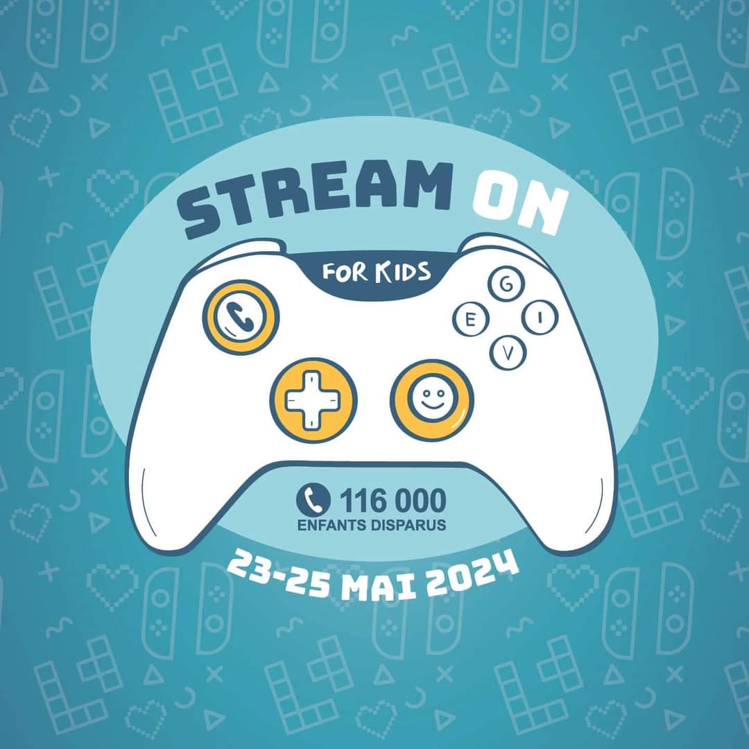 Je participe à la 4e édition du #StreamOnForKids du 23 au 25 mai 2024 ! Tous les dons collectés durant ce marathon caritatif sur Twitch seront reversés au 116 000 Enfants Disparus, un numéro d'urgence qui soutient et accompagne les familles dont l'enfant a disparu. #SOFK2024