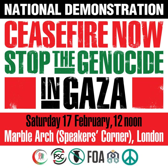 🚨ASSEMBLY POINT ANNOUNCED - National March for Palestine - 17 February - 📍Marble Arch, Speakers' Corner, London, 12 noon Israel is committing genocide in Gaza and is preparing to launch an assault on Rafah. We must demand our govt call for a #CeasefireNOW to #StopGazaGenocide