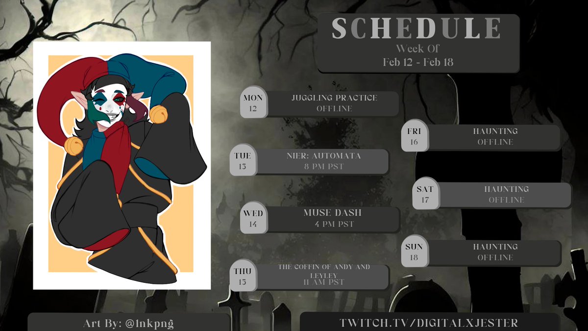 DigitalxJester's tweet photo. New schedual! It's a day lattte but here!!!
🃏🪦🎭
#streamer #twitchstreamer #streamschedual #ENVtuber #VtubersUprising #vtuber #pngtuber #VtuberSupport
https://t.co/wqKUN5fG2W https://t.co/z0lG08B01I