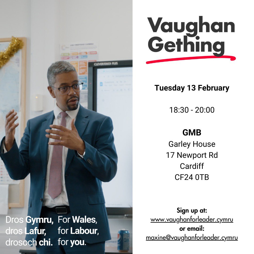 In case you haven’t heard, @GMB_union activist @vaughangething is running to be the leader of Welsh Labour. Join us tomorrow evening and he’ll tell you why he’s running in person. Register here: vaughanforleader.cymru/events