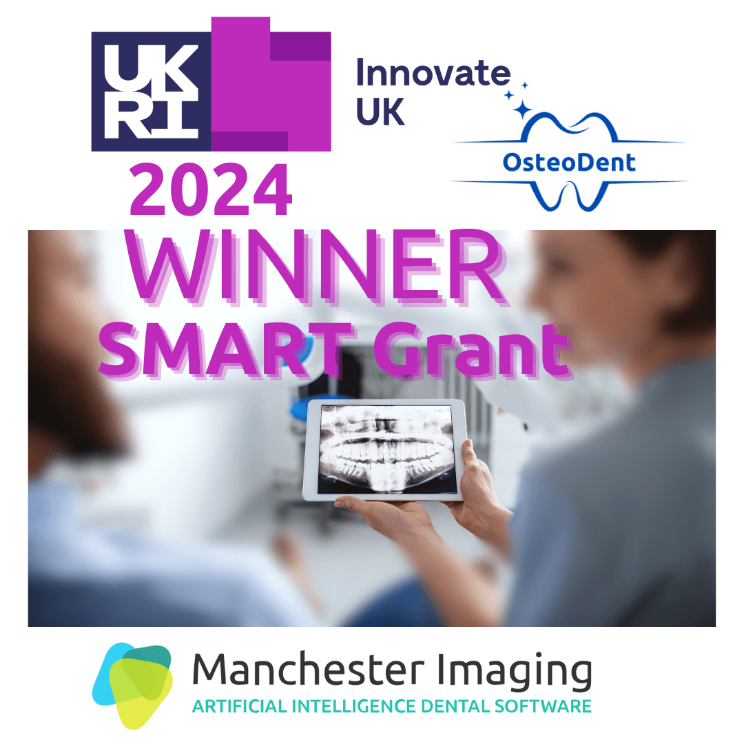 Company Announcement: Winner of an Innovate UK SMART Grant for OsteoDent-AI 🎉 Developers of AI dental preventive software; Helping Dentists identify a patients' bone health risk score.  #OralHealth #Dentistry #Osteoporosis #Jawbone #Prevention #OsteoDent #innovateuk  #UKRI_News