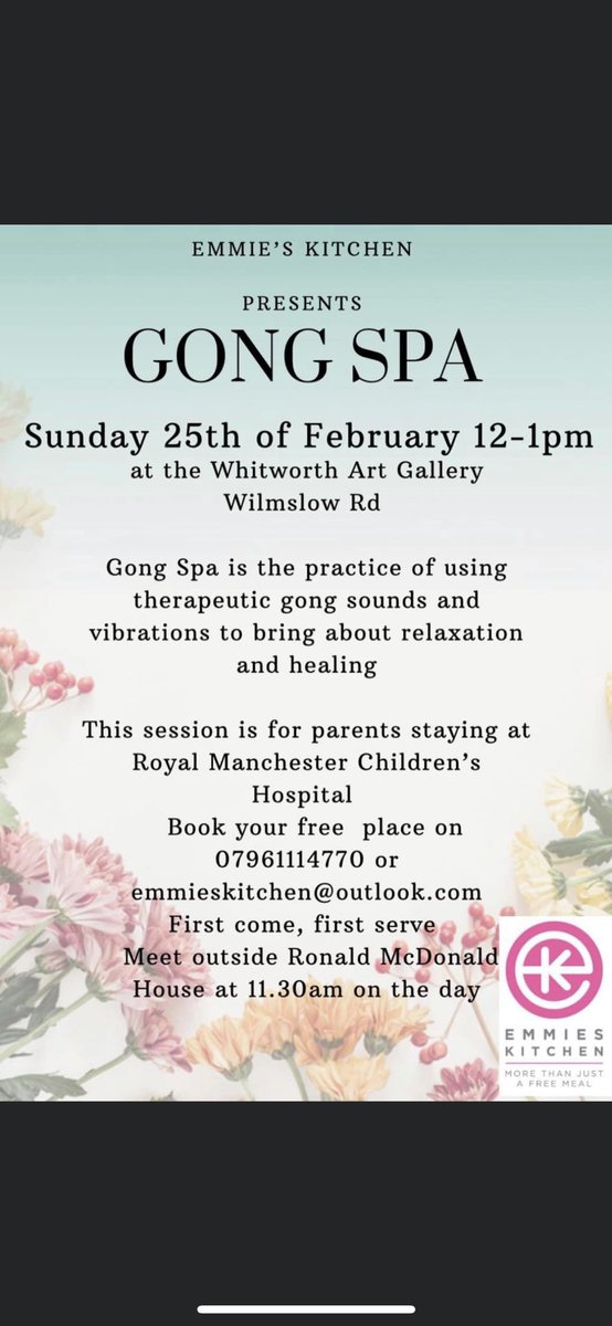 Not forgetting Gong Spa  on Sunday 25th February at 12-1pm for parents staying with their poorly child <a href="/RMCHosp/">RMCHosp</a> . Gong Spa is a way to relax and meditate to the sound of mystical gongs . The first time I tried it , I didn’t want it to end and had the best sleep ever that night