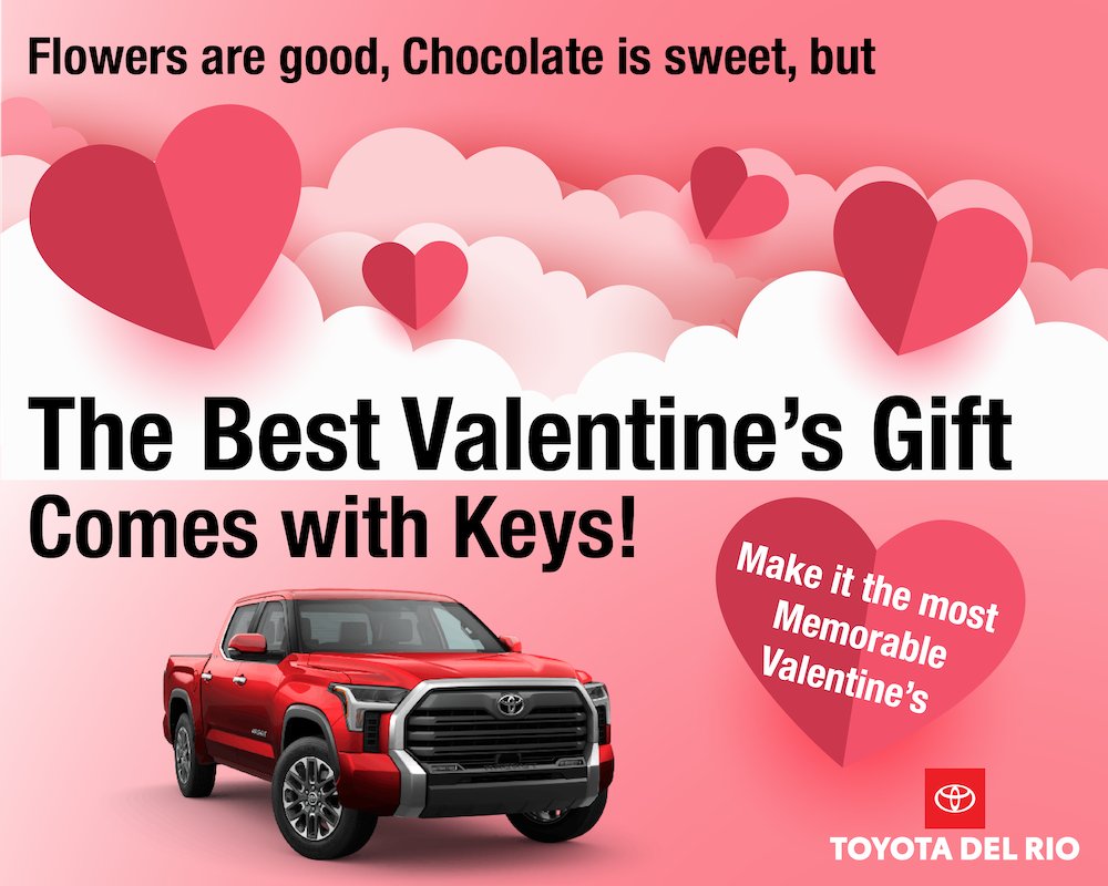 Flowers are good, Chocolate is sweet, but The BEST Valentine's Gift Comes with Keys! 💗

Make this Valentine's Day memorable at Toyota Del Rio! 

#toyotadelrio #delriotx #valetinesday #love