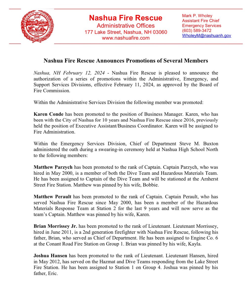 nashuafire's tweet photo. Press Release - Promotions within Nashua Fire Rescue Announced. https://t.co/Is5NgtOxRZ