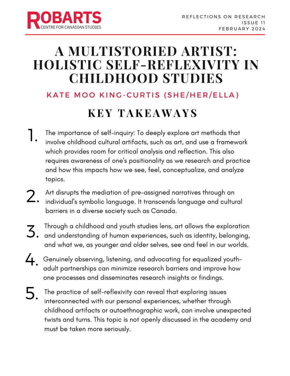 ANNOUNCEMENT: Vol. 11 of our Reflection on Research monthly spotlight series is now available! Featuring Kate Moo King-Cutis's 'A Multistoried Artist: Holistic Self-Reflexivity in Childhood Studies'. 👉To the read the full publication, please visit: yorku.ca/research/robar…