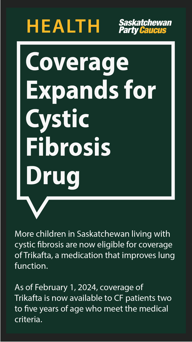 lisalambert88's tweet photo. More children in Saskatchewan living with cystic fibrosis are now eligible for coverage of Trikafta, a medication that improves lung function.

Sask was one of the first provinces to fund Trikafta. https://t.co/oqrQ7lpkF7