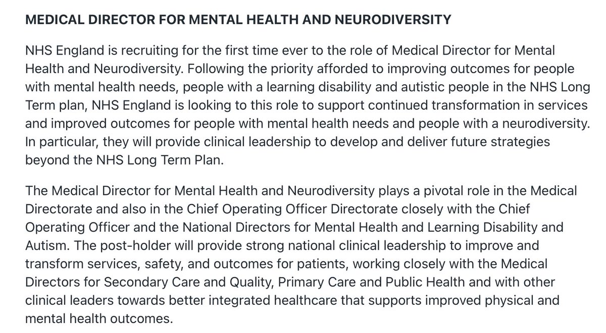 👀Should be an interesting role that can really make a difference. Who’s going for it?
#mentalhealth #learningdisabilities #autism  #neurodiversity
#medicaldirector #clinicalleadership @NHSEngland