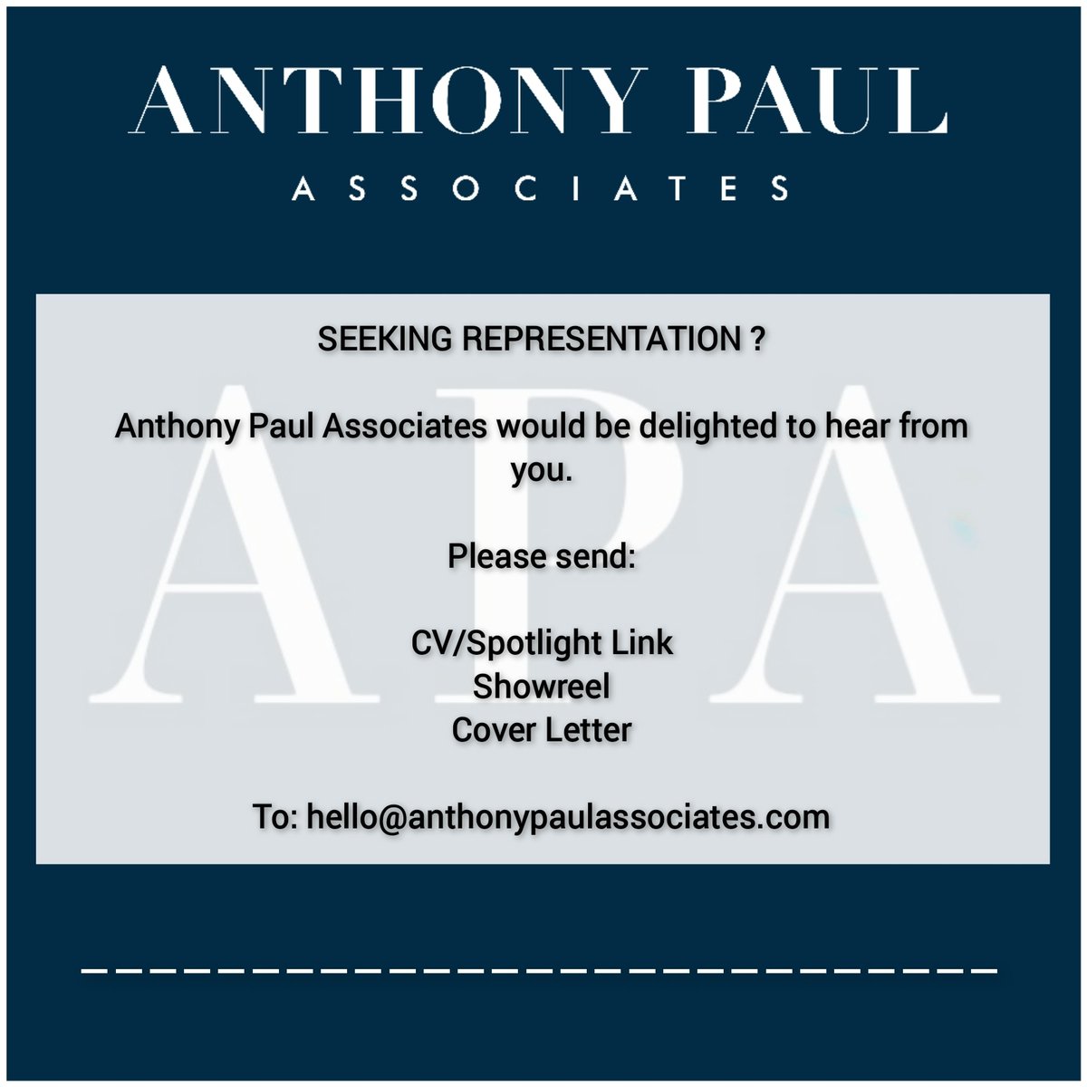 Anthony Paul Associates (APA) (@apaagent) on Twitter photo Seeking Representation? Seeking Representation?