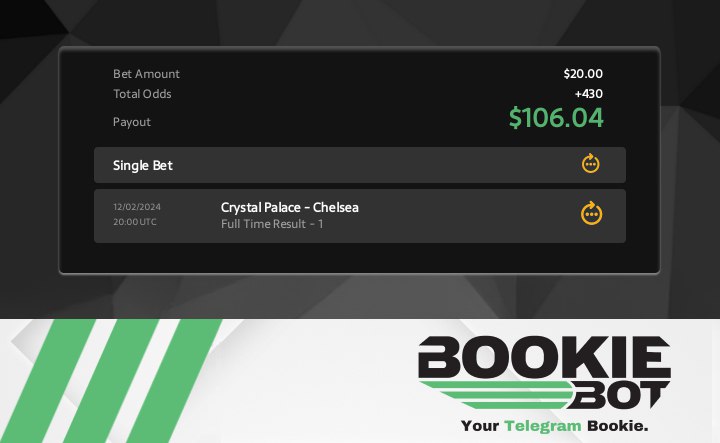 <a href="/TeamBookiebot/">bookiebot</a> I made my 20 USDT play on BookieBot and won a 25 USD Freebet! ⚽️💰✔️

What are you waiting for? Join and try your luck. 

t.me/BookieBot_tgbo…

Come on <a href="/CPFC/">Crystal Palace F.C.</a> ! We have to win today. Good luck to everyone! 

#BookieBot #Freebet #Chelsea #CFC #CrystalPalace #PremierLeague