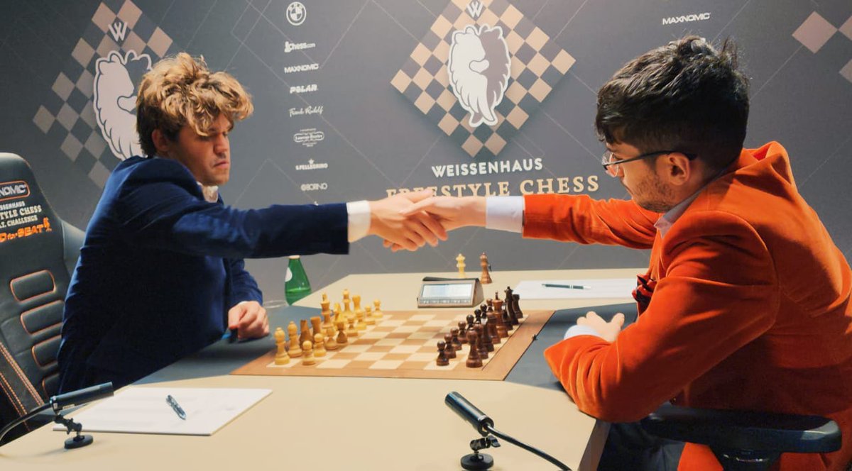 ChessbaseIndia's tweet photo. An absolutely stunning match took place between Magnus Carlsen and Alireza Firouzja at the Weissenhaus @chess_freestyle 2024. Alireza won the first chess960 classical time control game. 

Magnus struck back today in the second one equalizing the scores. They then moved into 15 mins+10 seconds rapid games. Carlsen struck gold in the first game and then followed it up with another win in the second game to beat Firouzja and advance to the semi-finals.

A thoroughly exhausted Magnus was extremely happy with his result and now takes on Nodirbek Abdusattorov in the semi-finals. In the other semi-finals we have Caruana taking on Levon Aronian. 

Gukesh will take on Vincent Keymer while Alireza Firouzja will take on Ding Liren for the fight for spots 5-8.

Photos: Amruta Mokal

#chess #chessbaseindia #freestylechess