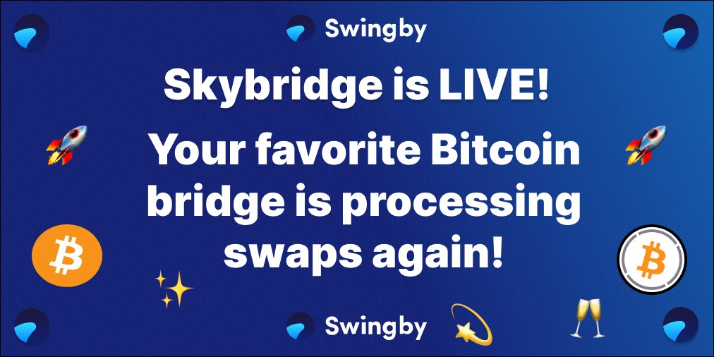 SwingbyProtocol's tweet photo. Skybridge is LIVE 🚀

Your favorite #BTC bridge is processing swaps again❗️

LPs can now earn returns on their #Bitcoin by providing liquidity to the bridge💰

Swap #BTC<>#WBTC here: https://t.co/YJAm7Sgue7

#DeFi #ETH #Swingby #Crypto #Web3 #APY #LP #Earn https://t.co/KnJagnSY5v