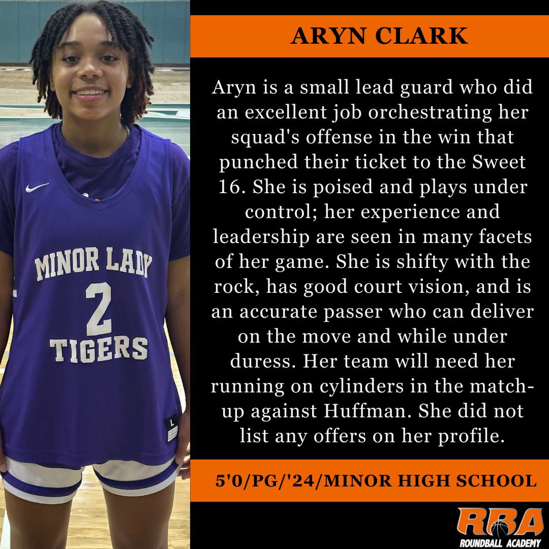 Aryn Clark (5'0/PG/'24/Minor High School) is a lead guard with a mature floor game and is ready to take the stage during the Sweet 16…
 
#RBANoticeables #RoundballAcademy #RBA #TerryDrakeBasketball #TerryTalks @essencegirlsbb <a href="/CGBR27/">Dan Olson</a> <a href="/MinorHSGirlsBB/">Minor High School Girls Basketball</a> <a href="/ArynClark3/">Aryn“Tiny”Clark</a>