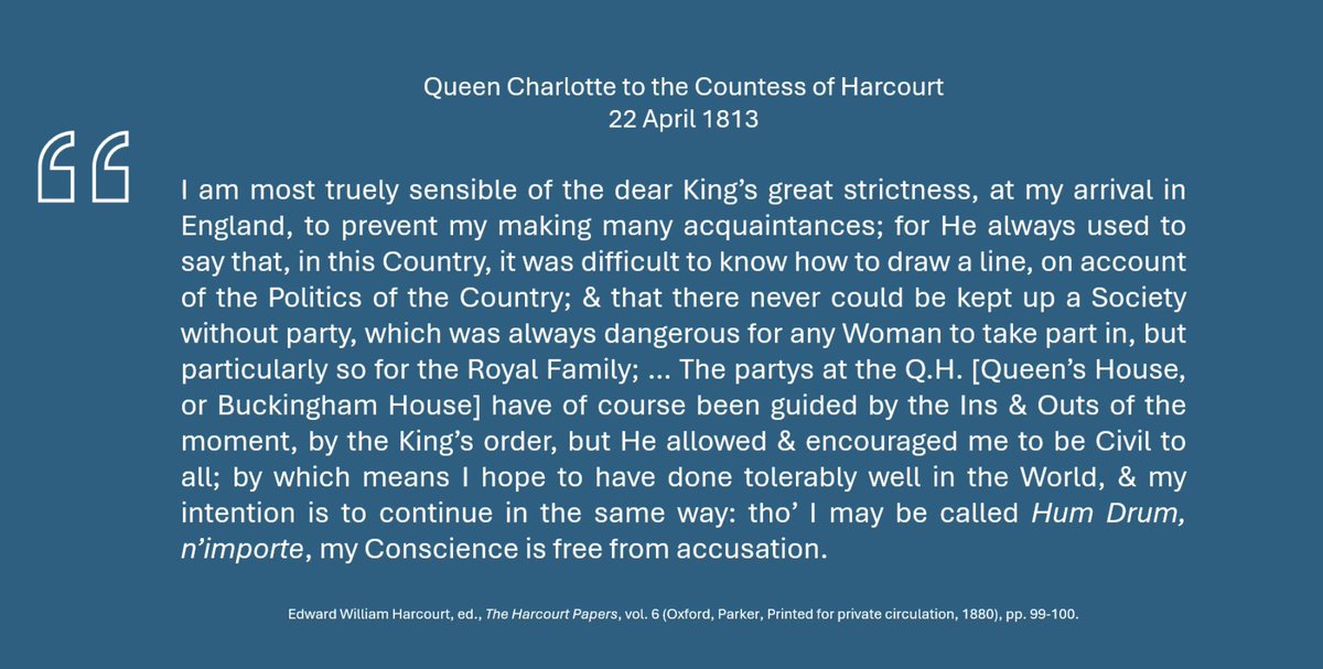 The Queen tried to keep to the King's principles when managing her household, even after the King's permanent illness from 1811 onwards. Even at the risk of being seen as 'humdrum'... (SCS seminar with Amanda Westcott)