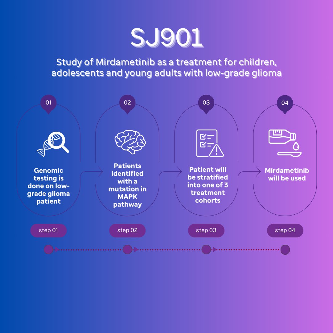 #SJ901, a @stjuderesearch study using a Mirdametnib to treat children & AYAs with low-grade glioma, is enrolling patients in one of 3 treatment cohorts based   on tumor status & history of MEK inhibitor exposure. Learn more: stjude.org/sj901 #PLGG @DrGilesRobinson