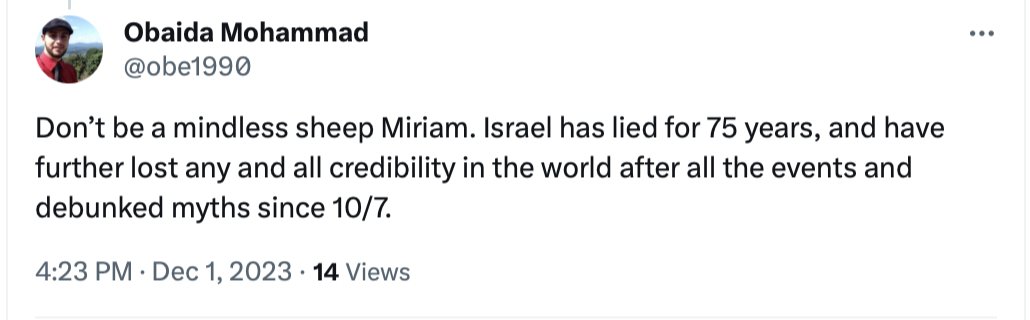 StopAntisemites's tweet photo. Obaida Mohammad is a data analyst for @SunEnergy1 (based in CT w/ a location in NC).

Obaida Mohammad takes to social media to:
- deny the events of the 10/7 massacre in Israel
- spreads antisemitic tropes of Jewish control ("Disney has Zionist influence")
- claims Hamas is a product of the Jews (screen grab in thread).