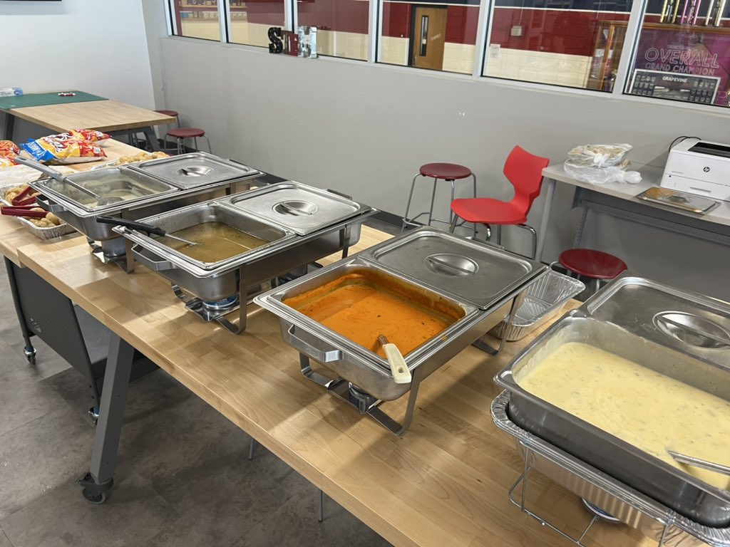 Sunshine Stangs organized a Souper Bowl luncheon for our <a href="/Grapevine_HS/">Grapevine High School</a> staff to celebrate the month of February! Thanks <a href="/PaulM_Cook/">Paul Cook Ed.D.</a> for organizing the soups and garlic knots from <a href="/GCISDNUTRITION/">Grapevine-Colleyville ISD Nutrition Services</a>! 💙❤️🐴