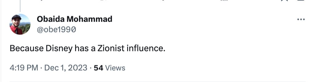 StopAntisemites's tweet photo. Obaida Mohammad is a data analyst for @SunEnergy1 (based in CT w/ a location in NC).

Obaida Mohammad takes to social media to:
- deny the events of the 10/7 massacre in Israel
- spreads antisemitic tropes of Jewish control ("Disney has Zionist influence")
- claims Hamas is a product of the Jews (screen grab in thread).