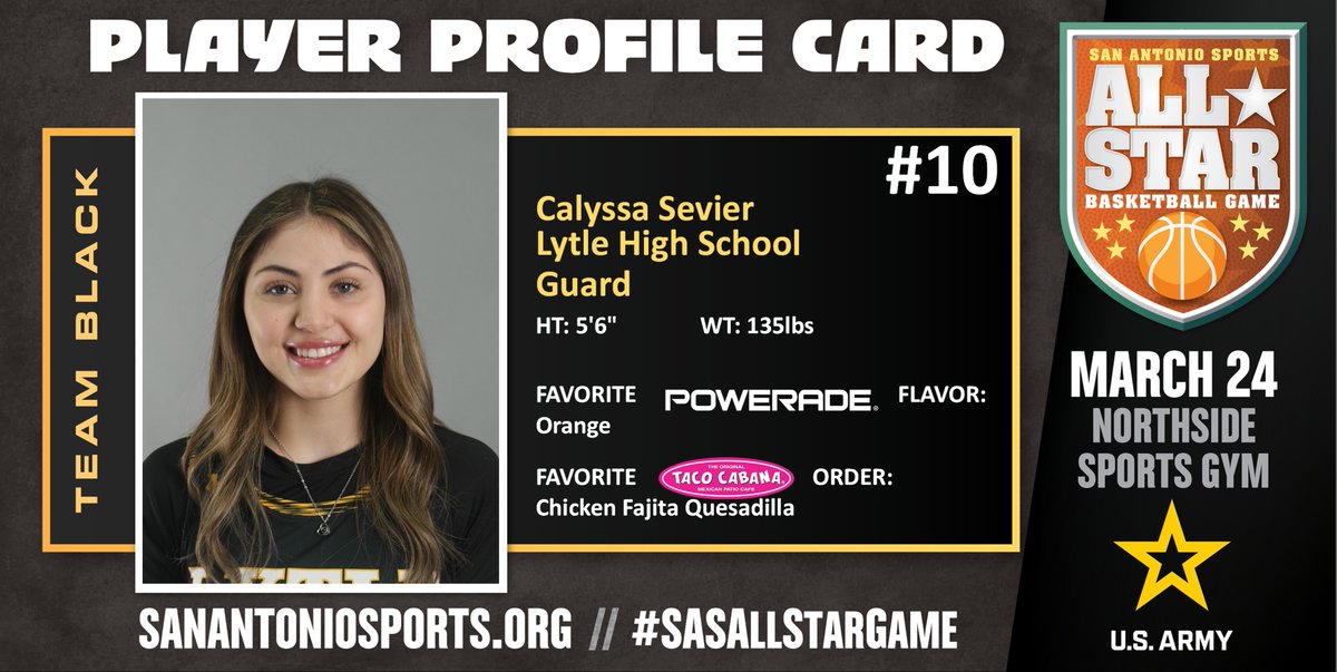 San Antonio Sports (@sa_sports) on Twitter photo Meet <a href="/CalyssaSevier/">CALYSSA SEVIER</a> from <a href="/lytlehs/">Lytle High School</a> who will compete in the San Antonio Sports All-Star Basketball Game at the Northside Sports Gym on March 24th! @usarmysatx #SASAllStarGame <a href="/USArmy/">U.S. Army</a> #BeAllYouCanBe
@LoriLwilson Meet <a href="/CalyssaSevier/">CALYSSA SEVIER</a> from <a href="/lytlehs/">Lytle High School</a> who will compete in the San Antonio Sports All-Star Basketball Game at the Northside Sports Gym on March 24th! @usarmysatx #SASAllStarGame <a href="/USArmy/">U.S. Army</a> #BeAllYouCanBe
@LoriLwilson