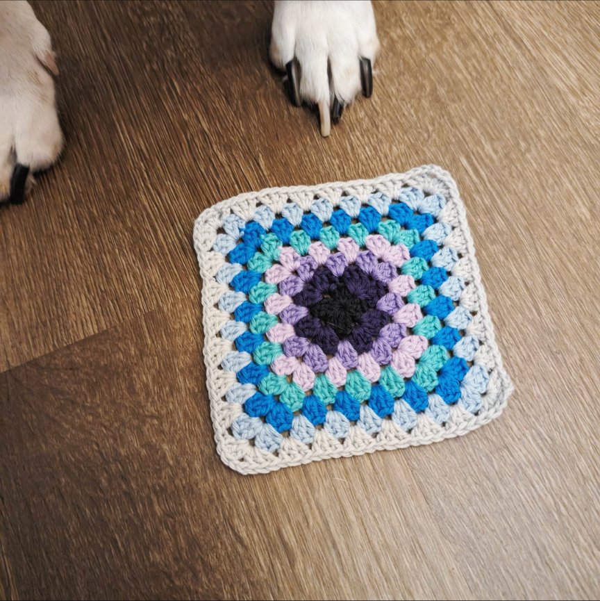 My pets constantly want to be in the photos. I'm quite fond of this granny square, I think it came out very well considering there was a random color selection. #grannysquare #crochet #2024 #projects #hobbiiyarn