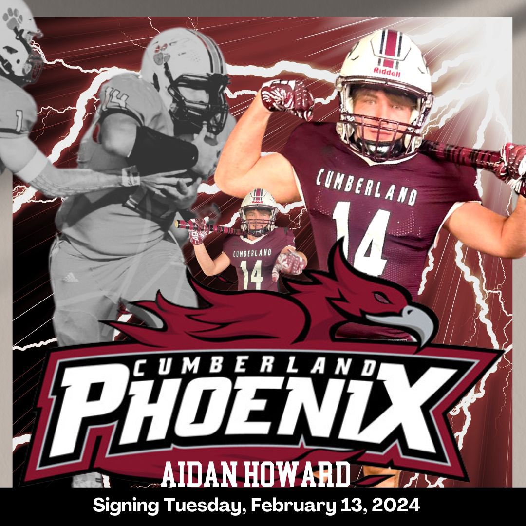 Pigeon Forge High School Football (@pf_football) on Twitter photo Our Tiger running back <a href="/aidanhoward34/">Aidan Howard</a> is SIGNING tomorrow, February 13th to Cumberland University!! We congratulate Aidan on his hard work paying off! We are so proud! 💪🏼🐅 #ForgingTheFuture #GoTigers #GoPhoenix Our Tiger running back <a href="/aidanhoward34/">Aidan Howard</a> is SIGNING tomorrow, February 13th to Cumberland University!! We congratulate Aidan on his hard work paying off! We are so proud! 💪🏼🐅 #ForgingTheFuture #GoTigers #GoPhoenix