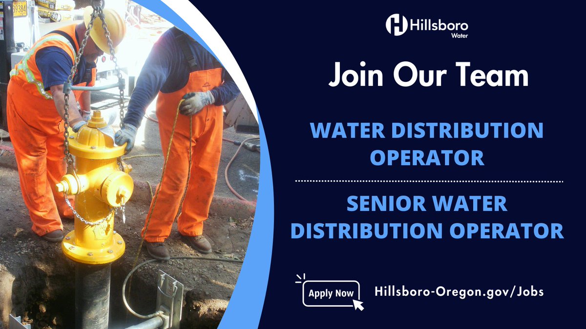 #JoinOurTeam We're recruiting for a Water Distribution Operator &amp; Sr. Water Distribution Operator to help operate &amp; maintain <a href="/HillsboroWater/">Hillsboro Water Dept</a>'s water infrastructure. 'Water' you waiting for? governmentjobs.com/careers/hillsb… <a href="/CityofHillsboro/">City of Hillsboro OR</a> <a href="/PNWSAWWA/">PNWS-AWWA</a> <a href="/ConserveH2Org/">RegionalH2O</a>