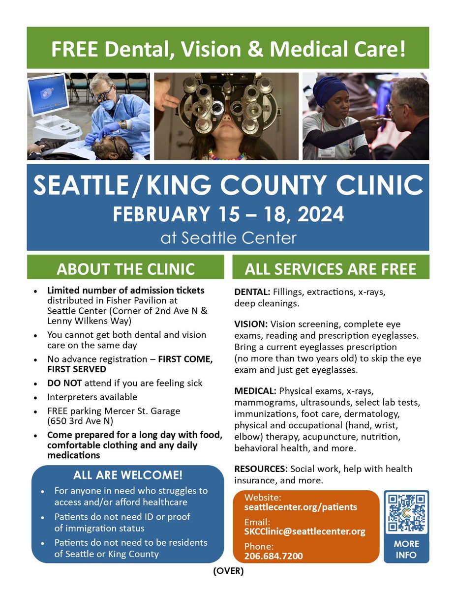 REMINDER: The free Seattle/King County Clinic starts Thursday at Seattle Center, for those in need who struggle to access and/or afford healthcare. A limited number of admission tickets will be distributed starting at 5:30 a.m. daily at Fisher Pavilion. seattlecenter.org/patients/