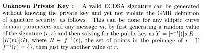A valid ECDSA signature can be generated w/o knowing the private key as follows:
1. generate a random signature: (r, s)
2. solve for the public key: (sR - hG)/r

What this means: only the person who generates the signature in step 1 can produce a valid signature for the Genesis