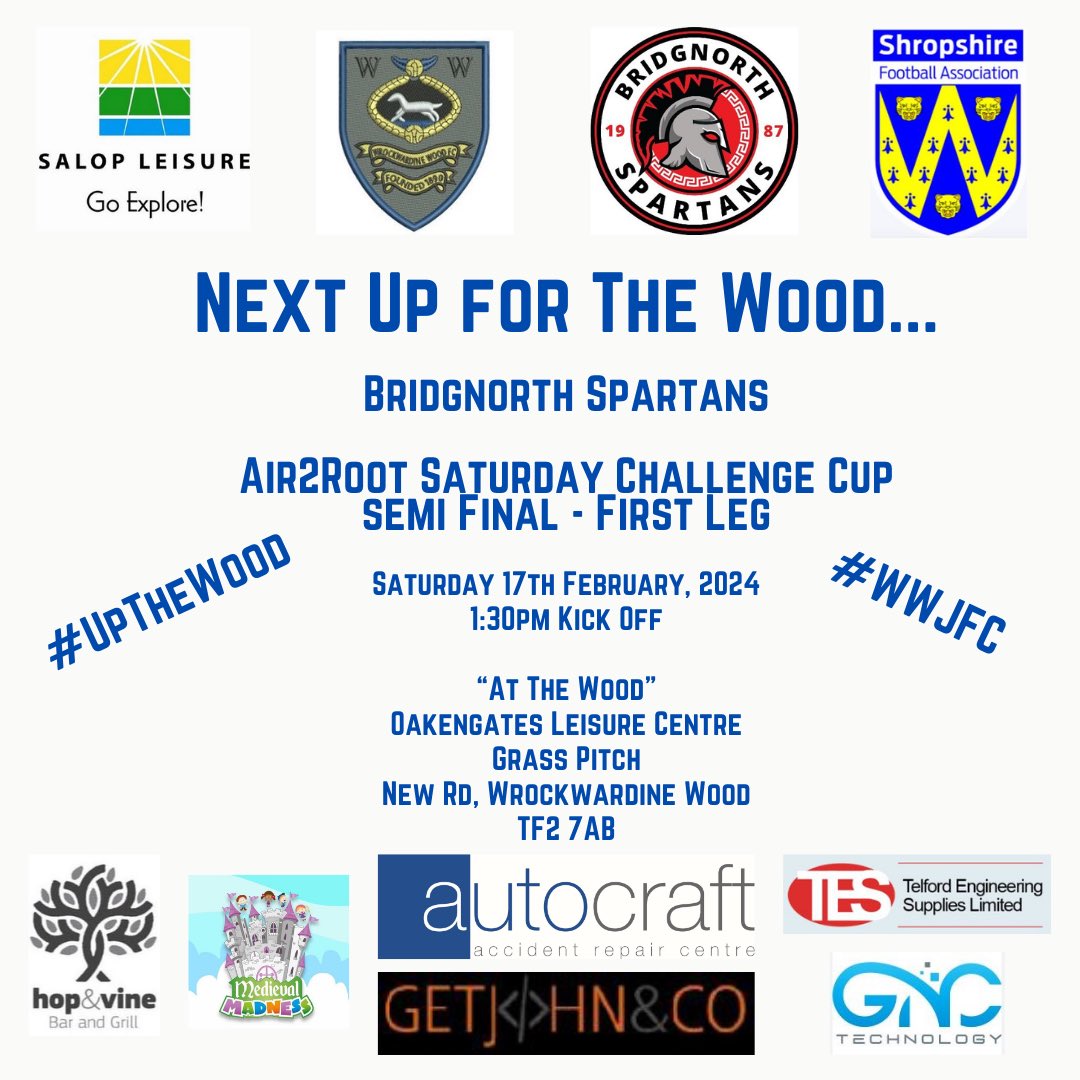 Next Up… ⚽️

<a href="/BNorthSpartans/">bridgnorthspartans</a> 

This weekend is the first leg of the Air2Root Challenge Cup Semi-Final.

Let’s get some heads down The Wood for this one as this should be an absolute cracker against an unbeaten Spartans side from the division below ⚽️

#UpTheWood #WWJFC 🪵💙
