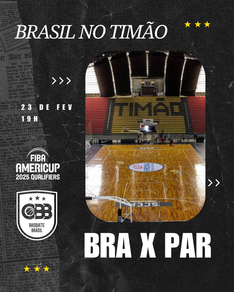 basquetebrasil's tweet photo. Vai ter Brasil no ginásio do Timão! 

Por questões técnicas, o duelo entre Brasil e Paraguai, pelas Eliminatórias da AmeriCup 2025, será no Ginásio Wlamir Marques, casa do Corinthians, em São Paulo! 

A partida do dia 23/2, às 19h, marca a estreia do Brasil na competição e o primeiro desafio de 2024, meses antes do Pré-Olímpico! 

▶️Informações sobre ingressos em breve 
▶️Credenciamento de mídia aberto na FIBA 

VAI BRASIL!