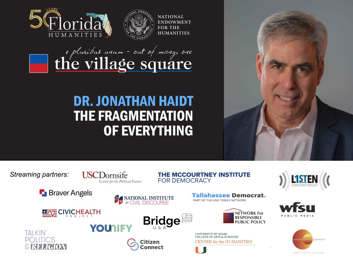 VillageSquareUS's tweet photo. In partnership with @FlHumanities we are honored to host @JonHaidt tomorrow @ 7pm ET, 4pm for "After Babel: The Fragmentation of Everything." We hope you'll join us to hang with this big thinker: https://t.co/oSpen3CO0G (+ check out our extraordinary streaming partners) 
@NEHgov https://t.co/5BuqbhafGy