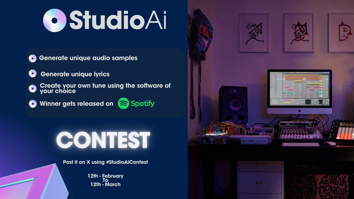 StudioAi_Bot's tweet image. 📀#StudioAi Bot Contest:

-Generate unique audio samples with StudioAi Bot.
- Generate unique lyrics with StudioAi Bot (if you feel like singing).
- Create your own song using a music production software (Ableton Live, LogicPro).

Best song released on Spotify with your name!…